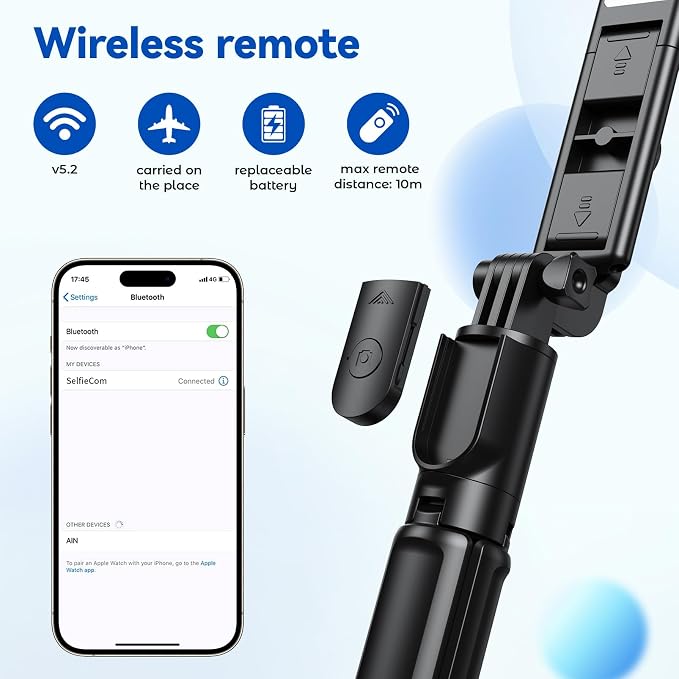 Selfie Stick Tripod with Light, Retractable Selfie Stick Tripod with Wireless Remote Control, for Photograph, Live Streaming, Video Recording, Compatible with 4-7'' Smartphone