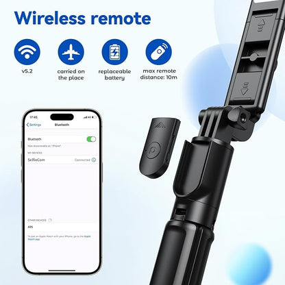 Selfie Stick Tripod with Light, Retractable Selfie Stick Tripod with Wireless Remote Control, for Photograph, Live Streaming, Video Recording, Compatible with 4-7'' Smartphone