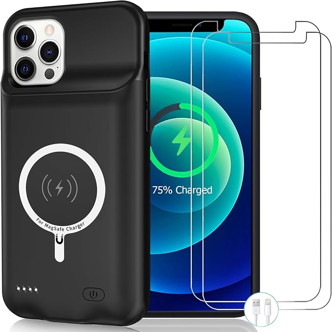 Battery Charging Case for iPhone 12/12 Pro, 10000mAh High Capacity Portable Protective Battery Case Wireless Charging Compatible with iPhone 12/12 Pro (6.1 inch) Extended Battery Charger Cover(Black)