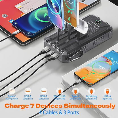 Power Bank Solar Charger 20,000mAh, Portable Phone Charger, 4 Cables Outdoor Waterproof External Backup Power Charger with USB-C for Cell Phones, Solar Battery Pack with Dual Flashlight for Camping