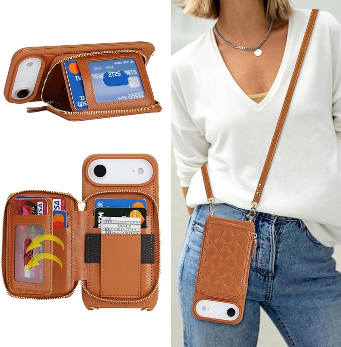 Crossbody Wallet Case for iPhone Air, PU Leather Zipper Handbag Purse Flip Cover, Kickstand Folio Case with Card Slots Holder Wrist Strap Lanyard 5G 6.5 Inch-Brown