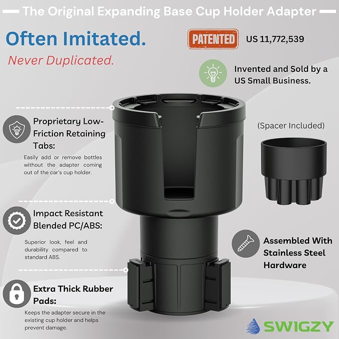 Swigzy Car Cup Holder Expander (Long Base) - Adjustable Expandable Insert Extender, Automotive Adapter Holds Hydro-Flask, Yeti, Nalgene, Large (32 40 oz) Water Bottles, Big Drinks - Universal
