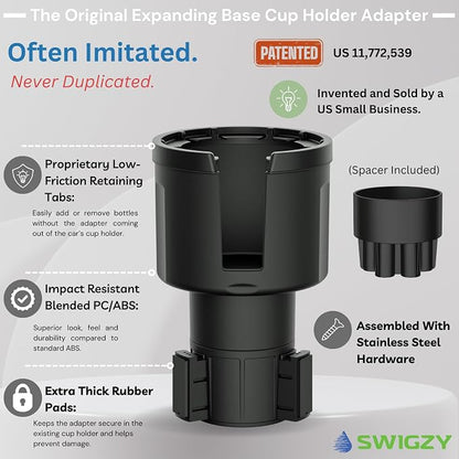 Swigzy Car Cup Holder Expander (Long Base) - Adjustable Expandable Insert Extender, Automotive Adapter Holds Hydro-Flask, Yeti, Nalgene, Large (32 40 oz) Water Bottles, Big Drinks - Universal