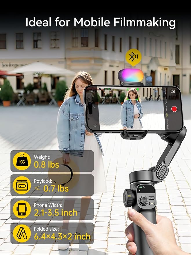 AOCHUAN Gimbal Stabilizer for iPhone, Phone Gimbal w/RGB Magnetic Fill Light, Foldable Gimbal Built in 7.8' Extension Rod and OLED Display for iPhone/Android Excellent for Vlogging-Smart X2 Kit Black