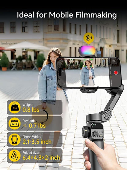 AOCHUAN Gimbal Stabilizer for iPhone, Phone Gimbal w/RGB Magnetic Fill Light, Foldable Gimbal Built in 7.8' Extension Rod and OLED Display for iPhone/Android Excellent for Vlogging-Smart X2 Kit Black