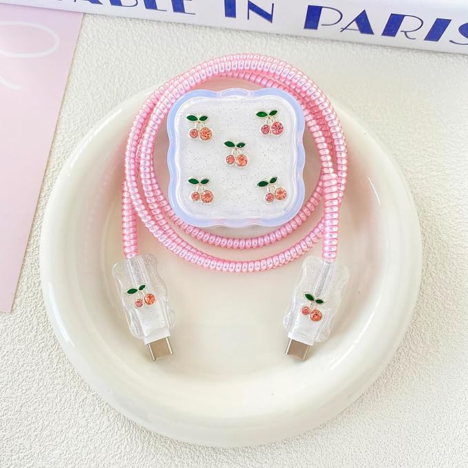 Charger Cover Set, Compatible with Apple 40W Dynamic Power Adapter (with 60W Max), Cute Wave-Shaped Flexible TPU Charger Case+ Exquisite Cable Protector for Charging Cables, Pink Cherry (5in1)