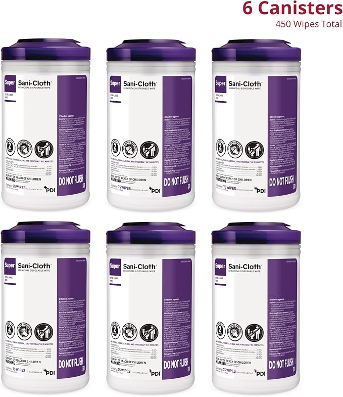 Super Sani-Cloth X-Large Disinfectant Wipes, 6-Pack (450 Count), 75 XL 7.5" x 15" Wipes, Hospital-Grade Surface Cleaning and Disinfecting