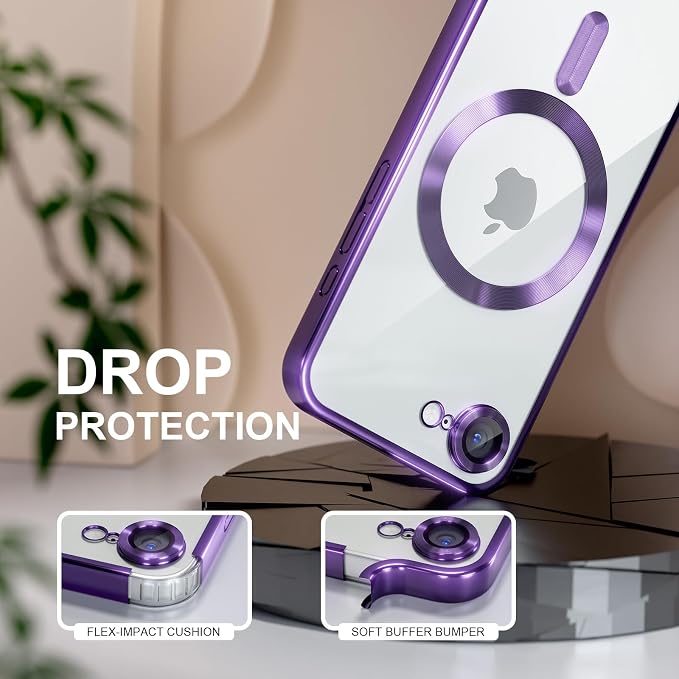 Misea Magnetic for iPhone 17e / 16e Case Compatible with MagSafe [Never Yellowing] [Military Grade Drop Protection] Full Camera Lens Protector Plating Soft Clear Phone Case for Women 6.1", Deep Purple