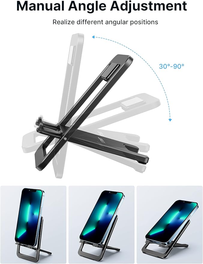 JSAUX Cell Phone Stand, Foldable Aluminum Adjustable Phone Holder for Desk Portable Travel Essentials Office Accessories for iPhone 17 16 15 14 13 Pro Max Samsung S25 S24 S23 Ultra Kindle-Black