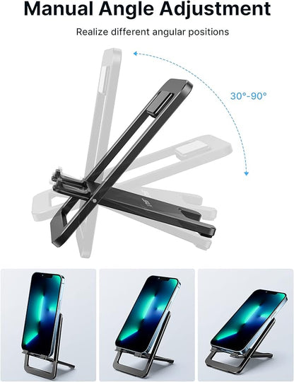 JSAUX Cell Phone Stand, Foldable Aluminum Adjustable Phone Holder for Desk Portable Travel Essentials Office Accessories for iPhone 17 16 15 14 13 Pro Max Samsung S25 S24 S23 Ultra Kindle-Black
