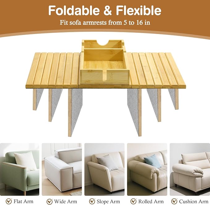 Luxspire Couch Armrest Table, 2-in-1 Magnetic Detachable Sofa Arm Tray with Cup Holder and Phone Holder, Foldable Bamboo Couch Cup Holder for Remote Controls, Phones, Snacks, Cups, Burlywood