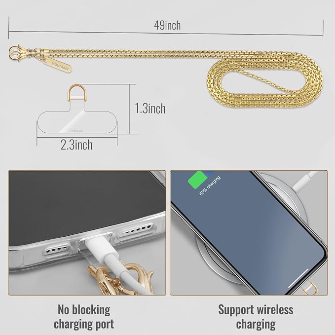 MOUTAKEY Metal Cell Phone chain Crossbody Phone lanyard with 2 Tether Tabs Detachable iPhone Chain Crossbody Strap,Non-rusting,Solid,iPhone Lanyard for Women Girls Travel Shopping Party Camping