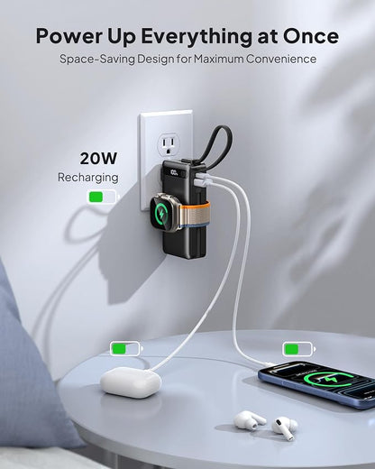 2026 Latest Nano 5-in-1 Portable Charger for iPhone & Apple Watch, 10,000mAh Portable Charger with Built-in AC Wall Plug and Cables, 22.5W Fast Charging USB C Power Bank Travel Essentials Battery Pack
