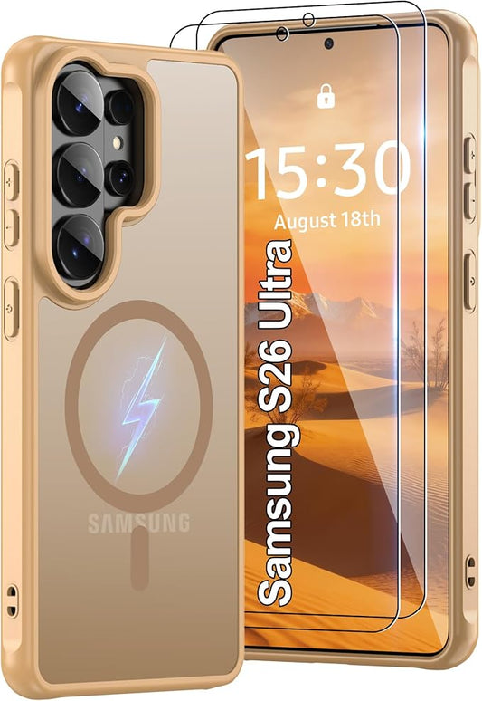 Pilaru for Galaxy S26 Ultra Phone Case: 12FT Military Grade Drop Protection [magsafe Fit] s26 Ultra Magnetic case with 2PC HD Screen Protector,Frosted Translucent Soft-Touch Skin for S 26 Ultra,Gold