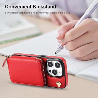 Bocasal Crossbody Wallet Case for iPhone 15 Pro, RFID Blocking Leather Purse Case with Card Holder, Protective Handbag Flip Cover with Zipper Wrist Strap Lanyard for Women 5G 6.1 Inch (Red)