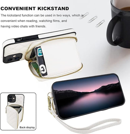 Bocasal Crossbody Wallet Case for iPhone 12/12 Pro, RFID Blocking PU Leather Zipper Handbag Purse Flip Cover, Kickstand Folio Case with Card Slots Holder Wrist Strap Lanyard 5G 6.1 Inch (White)