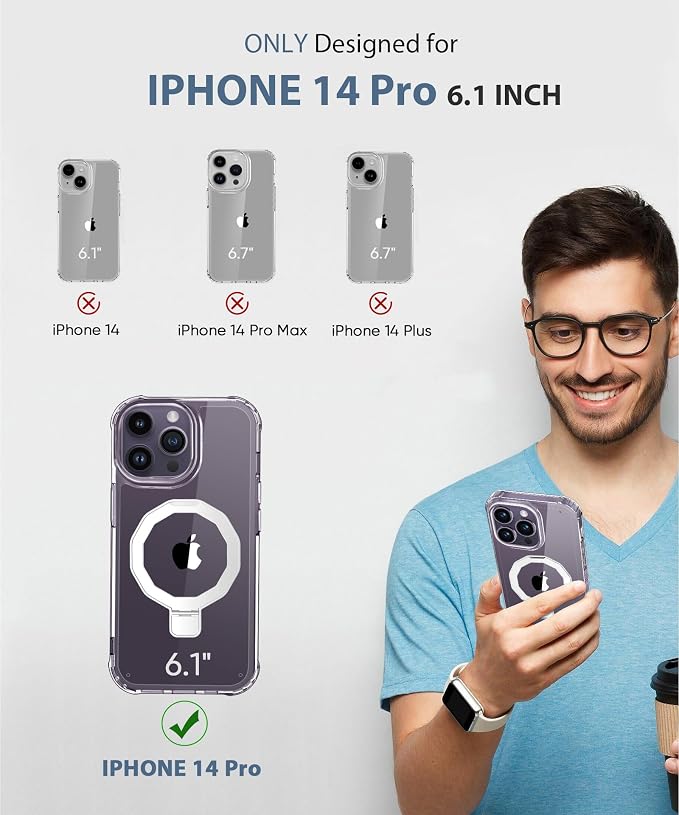 for iPhone 14 Pro Case, with Screen Protector + Camera Lens Protector, Built-in Seamless Stand, [Compatible with MagSafe] Protective Shockproof Phone Case, Cover for iPhone 14Pro - Clear