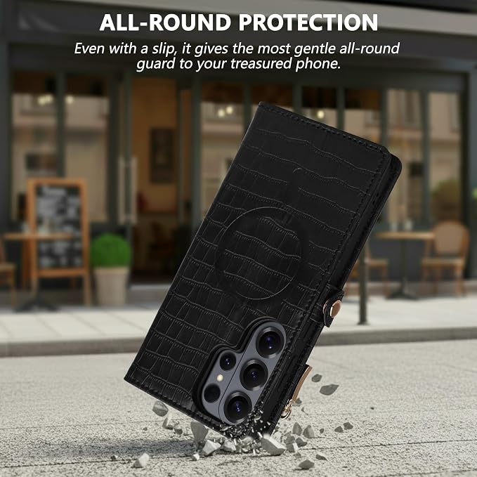 Crossbody Wallet Case for Samsung Galaxy S26 Ultra with Mirror, Wrist Strap, Zipper Purse Magnetic Flip, RFID Blocking Card Holder, PU Leather Shockproof Women (Black)