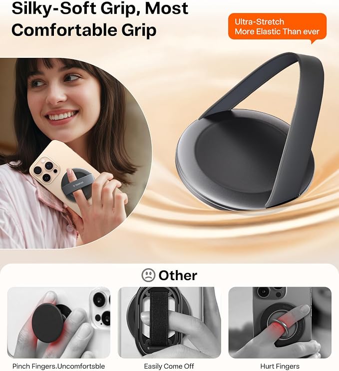 TORRAS Magnetic Phone Grip Ring Stand Holder, Comfortable Silicone Ring, Compatible with MagSafe Accessories 4-in-1 Kickstand for iPhone 17 Pro Max 16 15 14 13 Android, Black