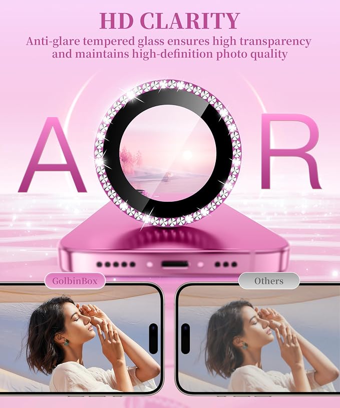 GolbinBox Camera Lens Protector for iPhone 17/16/16 Plus, 1:1 Invisible Fit, 9H Tempered Glass Ultra HD Metal Individual Camera Cover for Women, Case Friendly, Bling/Hot Pink