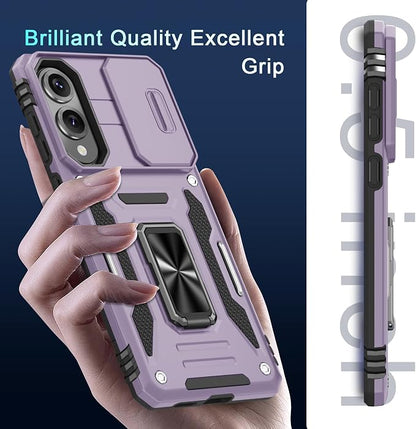DEERLAMN Case for Samsung Galaxy S25 Edge with Slide Camera Cover+Screen Protector (1 Pack), Rotated Ring Kickstand Military Grade Shockproof Protective Cover-Deep Purple