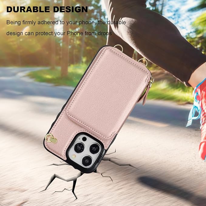 Bocasal Crossbody Wallet Case for iPhone 15 Pro Max, RFID Blocking Leather Purse Case with Card Holder, Protective Handbag Flip Cover with Zipper Wrist Strap Lanyard for Women 5G 6.7 Inch (Rose Gold)