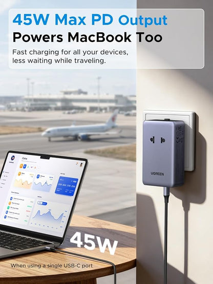 UGREEN 45W Universal Travel Plug Adapter, 6-Port (2 USB-C, 2 USB-A, 2 AC) International Power Adapter, Ultra Thin Power Adapter for 200+ Countries, Worldwide Compact Travel Essentials, Black