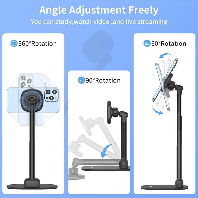 VRIG Magnetic Desk Phone Stand for Office/Home, 360°Rotation Phone Holder with Magnetic Ring Height&Tilt, Adjustable Cell Phone Stand for iPhone 16 15 14 13 12 and More/Android