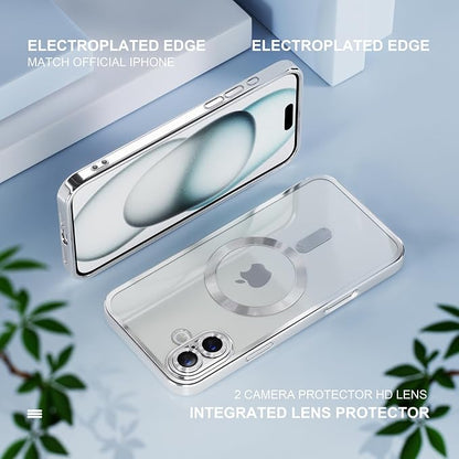 Misea Magnetic for iPhone 16 Case Compatible with MagSafe [Never Yellowing] [Military Grade Drop Protection] Full Camera Lens Protector Plating Soft Clear Phone Case for Women 6.1 inch, Silver