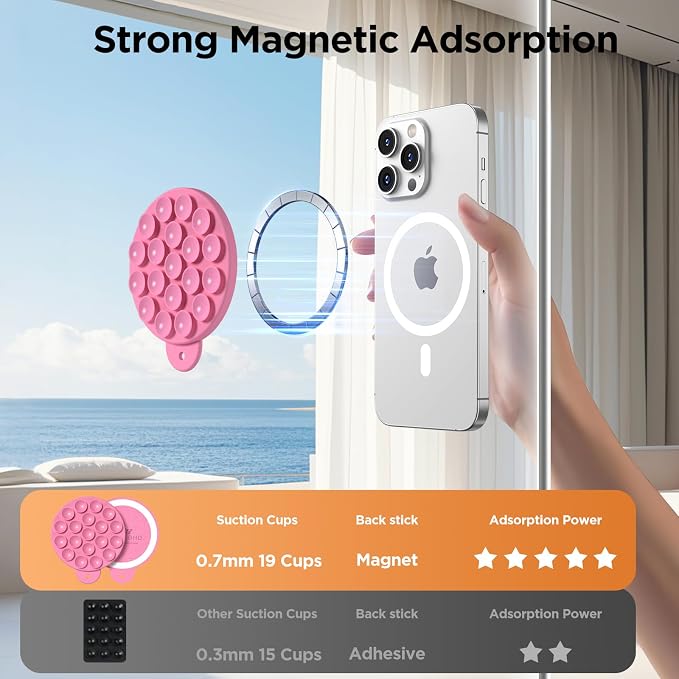 Magnetic Suction Cup Phone Mount with MagSafe, Silicone Hands-Free Grip Holder for iPhone Case and Android, Mirror Shower Phone Stand for Makeup FaceTime Gym Kitchen Bathroom, Tender Pink