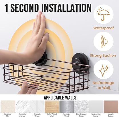LEVERLOC Shower Caddy Suction Cup, 2 Pack Shelves for Inside with Hooks and Soap Organizer, NO-Drilling Bathroom Holder, Rustproof Meatl Bathroom Basket, Brown