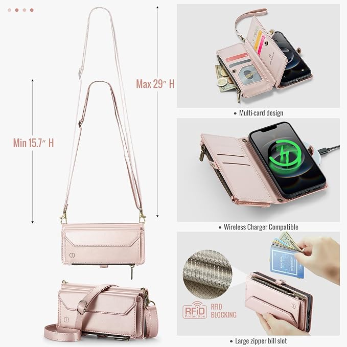 Strapurs Crossbody Wallet Case Compatible with iPhone 17e / iPhone 16e RFID Blocking 7-Card Holder PU Leather Magnetic Snap Shoulder Strap Zipper Pocket Phone Cases for iPhone 17e / 16e - Rose Gold