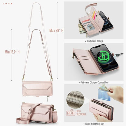 Strapurs Crossbody Wallet Case Compatible with iPhone 17e / iPhone 16e RFID Blocking 7-Card Holder PU Leather Magnetic Snap Shoulder Strap Zipper Pocket Phone Cases for iPhone 17e / 16e - Rose Gold