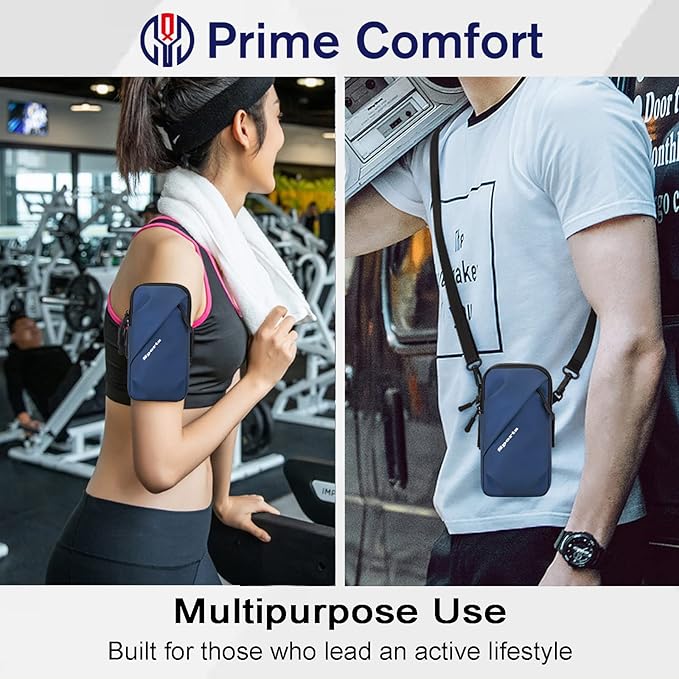 Prime Comfort Phone Holder Armband, Small Crossbody Shoulder Holsters Bag with Arm Band, Fits iPhone and Android, Use for Running, Walking, Hiking & Biking (6.7 Inches, Blue)