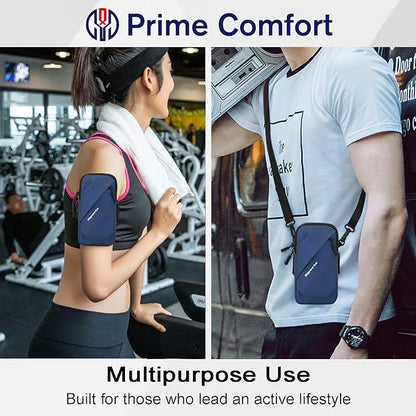 Prime Comfort Phone Holder Armband, Small Crossbody Shoulder Holsters Bag with Arm Band, Fits iPhone and Android, Use for Running, Walking, Hiking & Biking (6.7 Inches, Blue)
