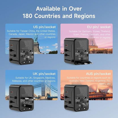 67W GaN Universal Travel Plug Adapter - International Power Adapter with 3 USB C & 1 USB A, Worldwide Power Outlet Travel Essentials for USA to European UK AUS Ireland, Type C/G/I/A (Black)