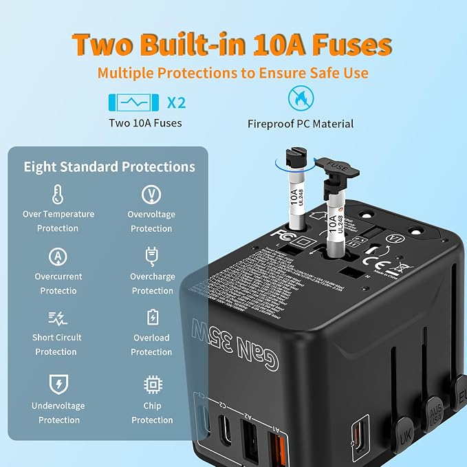 CC Store Universal Travel Adapter,European Travel Plug Adapter with 3 USB-C(35W) ＆ 2 USB-A Ports(Not a Voltage Converter) – for USA, UK, EU, AU ＆ 224+ Countries Black