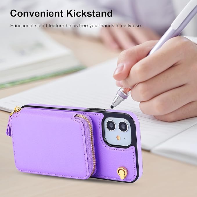 Bocasal Crossbody Wallet Case for iPhone 12/12 Pro, RFID Blocking Leather Purse Case with Card Holder, Protective Handbag Flip Cover with Zipper Wrist Strap Lanyard for Women 5G 6.1 Inch (Purple)
