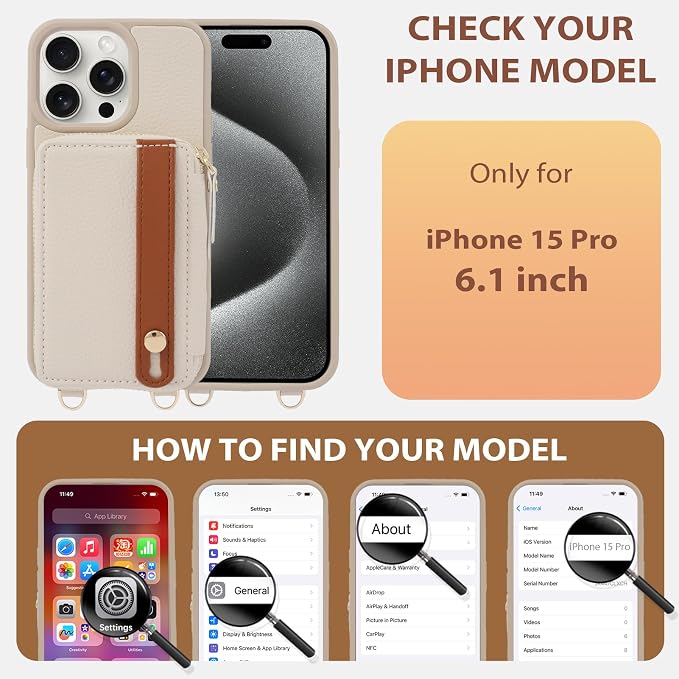 LAMEEKU for iPhone 15 Pro Wallet Case with Credit Card Holder, Zipper Leather Crossbody Case with Phone Grip Holder Stand Wrist Strap Lanyard for Women for Apple iPhone 15 Pro 6.1 inch Beige