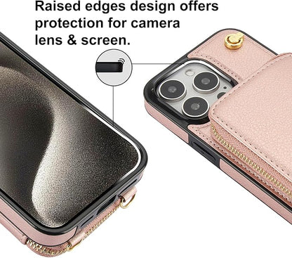 Bocasal for MagSafe Crossbody Wallet Case Compatible with iPhone 15 Pro Max, RFID Blocking Protective Purse Case with Card Slots Holder Kickstand Wrist Strap Lanyard Zipper 6.7 Inch 5G (Rose Gold)