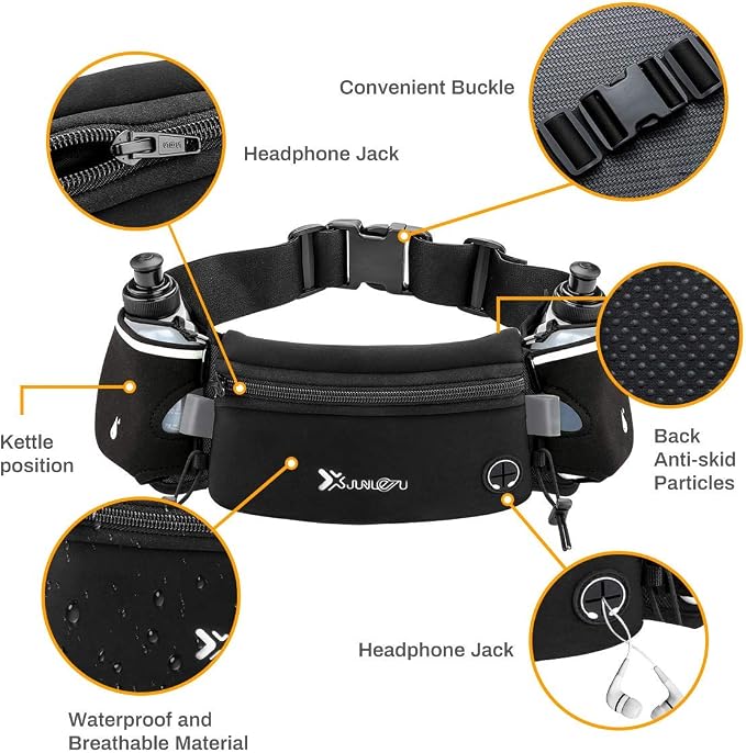 Number-one Running Belt with Water Bottles(2 x 175ML), Hydration Belt Waterproof Waist Pack Bag Fits iPhones Adjustable Sports Waist Pouch for Marathon Running Hiking Cycling