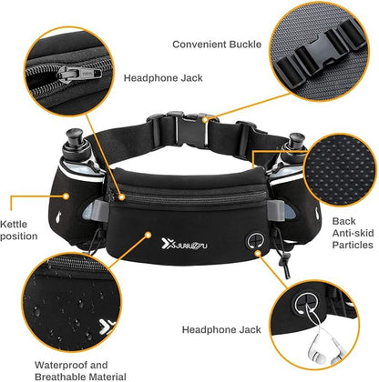 Number-one Running Belt with Water Bottles(2 x 175ML), Hydration Belt Waterproof Waist Pack Bag Fits iPhones Adjustable Sports Waist Pouch for Marathon Running Hiking Cycling