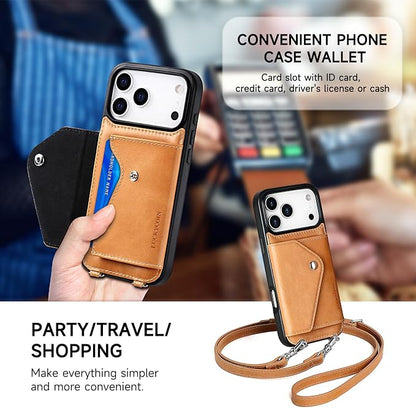 LUCKYCOIN for iPhone 17 Pro Max Crossbody Wallet Case – Genuine Leather Phone Purse with Adjustable Strap and Card Holder,Lanyard Phone Purse Case for Women,Vintage Tan