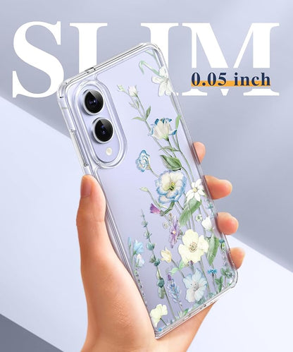 GVIEWIN for Samsung Galaxy S25 Edge Case, Clear Floral Shockproof Protective Women Phone Case, Non-Yellowing, Screen&Camera Lens Protector for Galaxy S25 Edge 6.7",Aquilegia/White