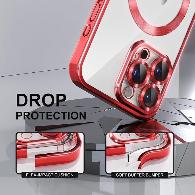 Misea Magnetic for iPhone 15 Pro Max Case with MagSafe [Never Yellowing] [Military Grade Drop Protection] Full Camera Lens Protector Plating Soft Clear Phone Case for Women Girls, Red