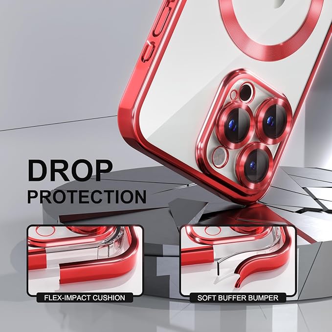 Misea Magnetic for iPhone 15 Pro Case Compatible with MagSafe [Never Yellowing] [Military Grade Drop Protection] Full Camera Lens Protector Plating Soft Clear Phone Case for Women Girls, Red