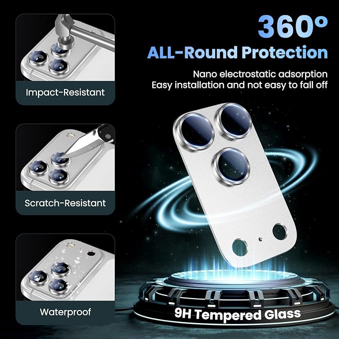 Uyiton Compatible with iPhone 17 Pro Max Camera Lens Protector - [Not Easy to Break][Strong Adsorption][Case-Friendly] Metal Tempered Glass Rear Camera Screen Cover - Silver