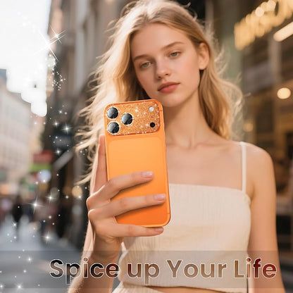YWXTW for iPhone 17 Pro Camera Lens Protector, [Upgraded Glitter Design] Full Bling Sparkly Diamond Tempered Glass Screen Protector Metal Camera Cover Accessories (Glitter Orange, iPhone 17 Pro)