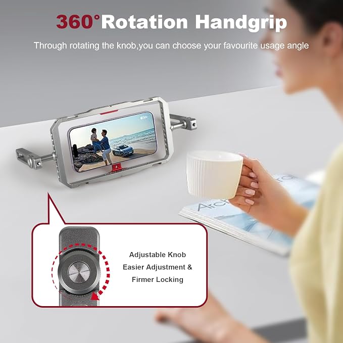 Magnetic Phone Cage with Handle,Smartphone Cage Kit with 360° Rotation Handgrip and Magnetic Sticker for Photography,Compatible with iPhone 17/16/15/14/13 Series and Andriod Phones (Silver+Red)