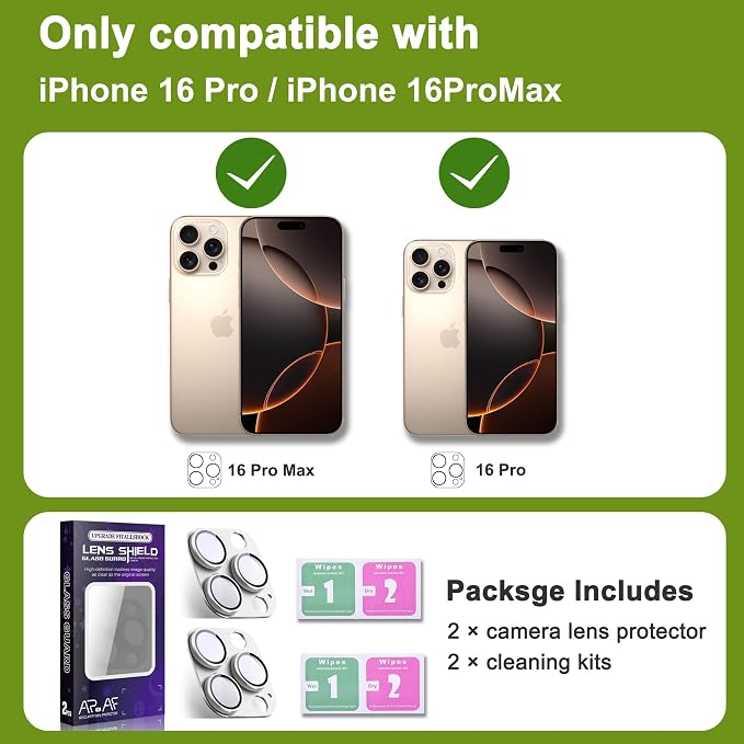2-Pack Shatterproof Camera Lens Protector for iPhone 16 Pro/16 Pro Max |AR Tempered Glass Strong Adsorption Metal Camera Cover Screen(Silvery)